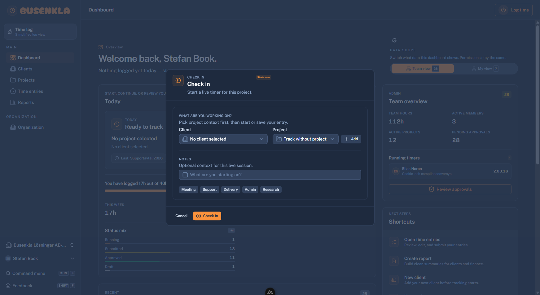 BUSENKLA · Logga tid